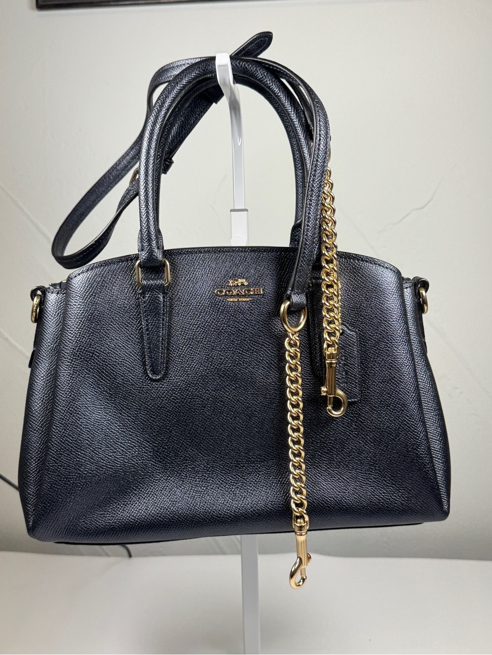 Coach Black Leather Satchel with Gold Chain Strap
